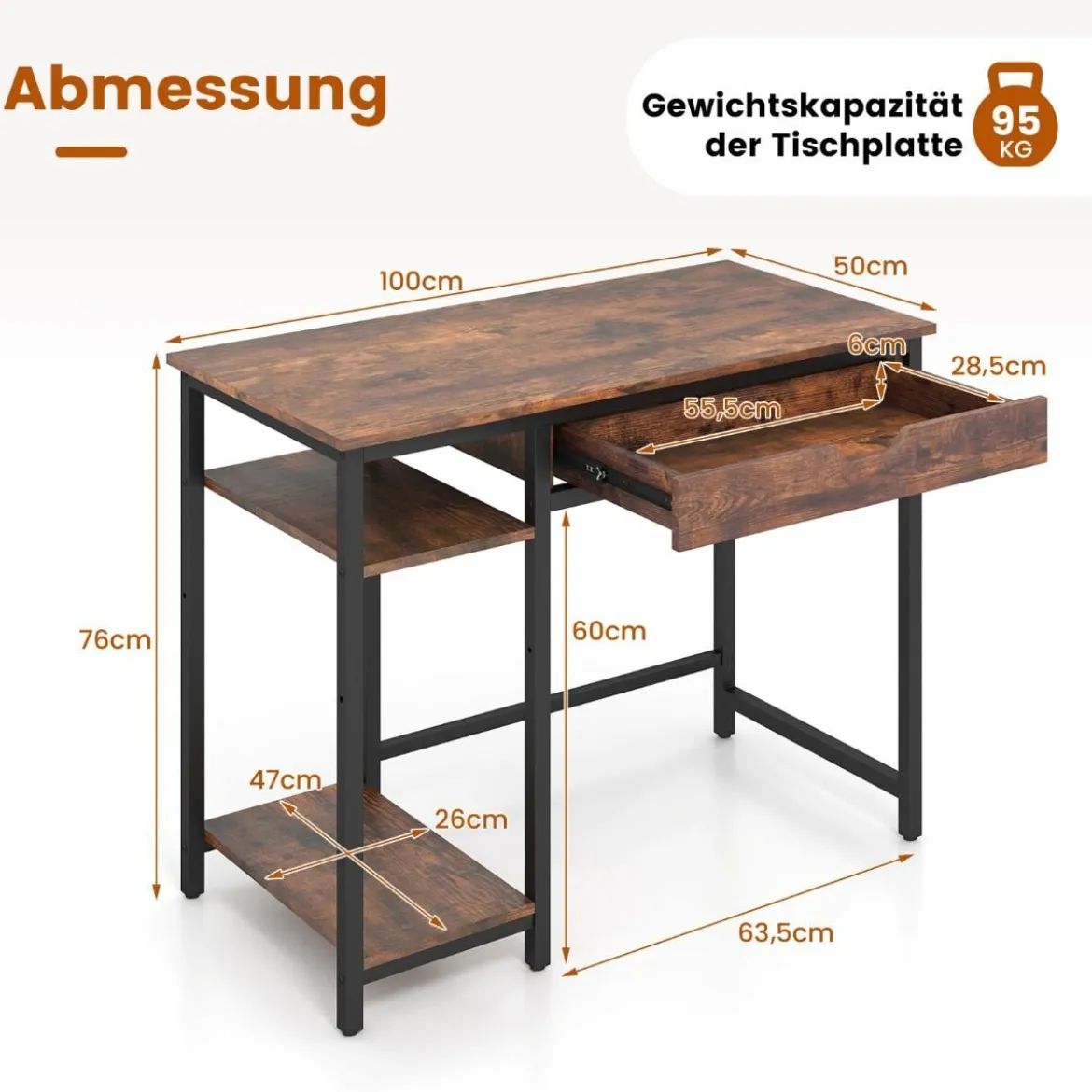 Schreibtisch Kleiner Computertisch mit Schublade & verstellbarem Regal 100 x 50 x 76 cm Rustikales Braun