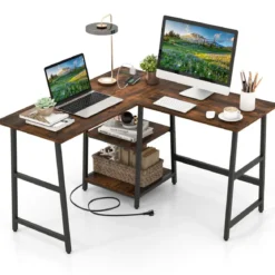 Schreibtisch L-Form Eckschreibtisch mit Steckdosen & USB-Anschlüssen 120 x 120 x 75 cm Schwarz/Rustikales Braun