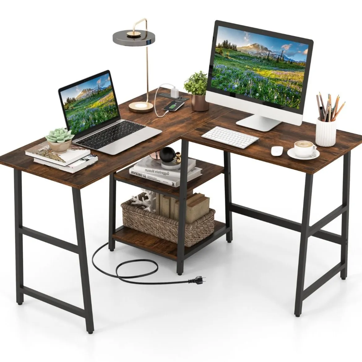 Schreibtisch L-Form Eckschreibtisch mit Steckdosen & USB-Anschlüssen 120 x 120 x 75 cm Schwarz/Rustikales Braun