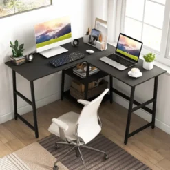 Schreibtisch L-Form Eckschreibtisch mit Steckdosen & USB-Anschlüssen 120 x 120 x 75 cm Schwarz/Rustikales Braun