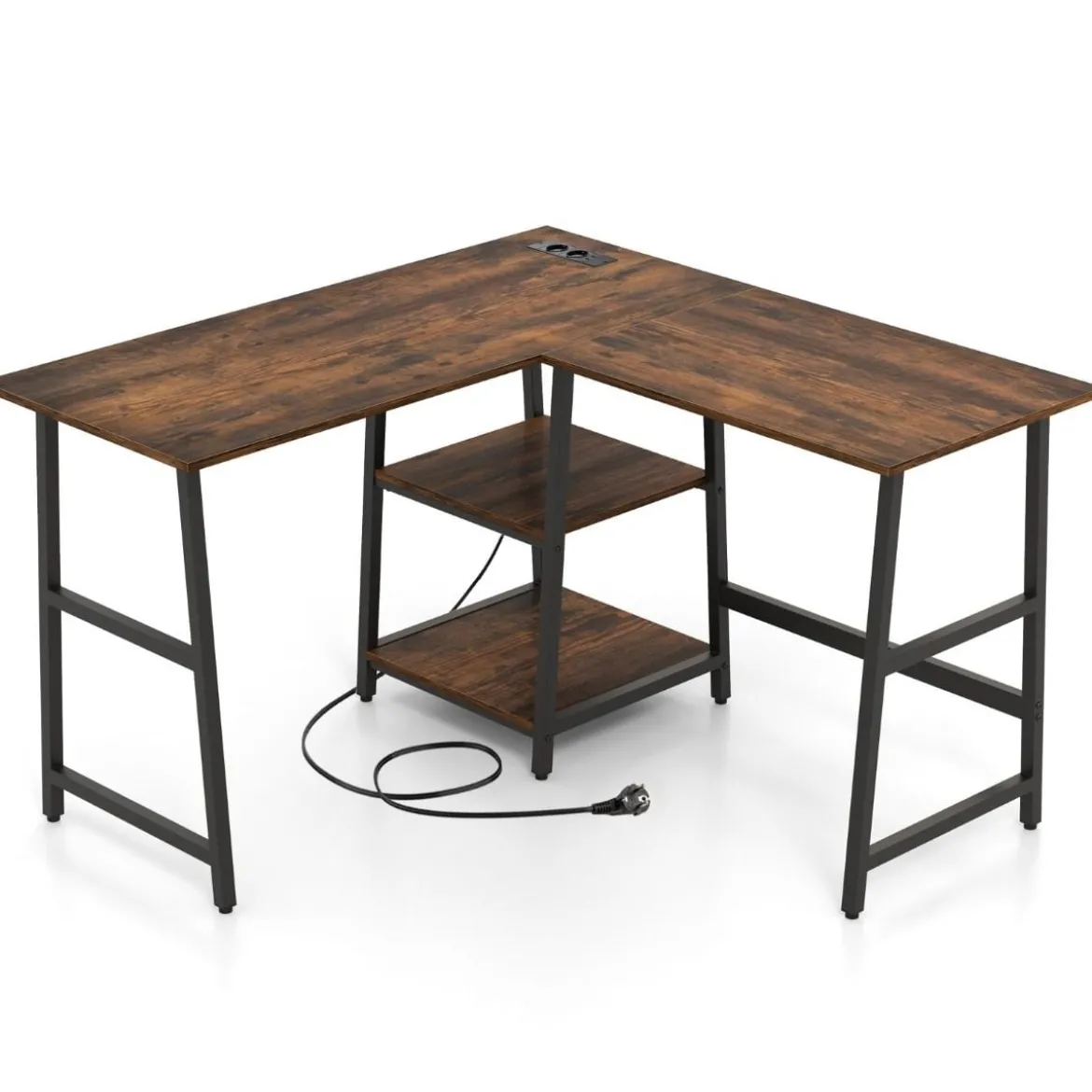 Schreibtisch L-Form Eckschreibtisch mit Steckdosen & USB-Anschlüssen 120 x 120 x 75 cm Schwarz/Rustikales Braun