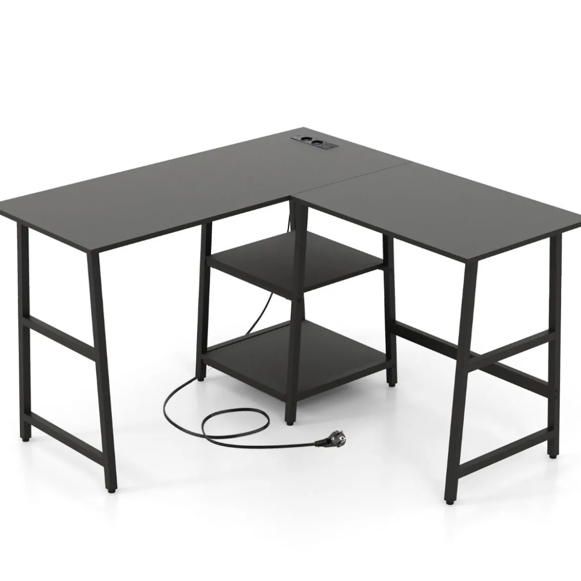 Schreibtisch L-Form Eckschreibtisch mit Steckdosen & USB-Anschlüssen 120 x 120 x 75 cm Schwarz/Rustikales Braun