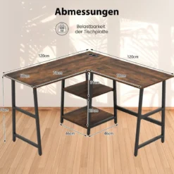 Schreibtisch L-Form Eckschreibtisch mit Steckdosen & USB-Anschlüssen 120 x 120 x 75 cm Schwarz/Rustikales Braun