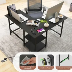 Schreibtisch L-Form Eckschreibtisch mit Steckdosen & USB-Anschlüssen 120 x 120 x 75 cm Schwarz/Rustikales Braun