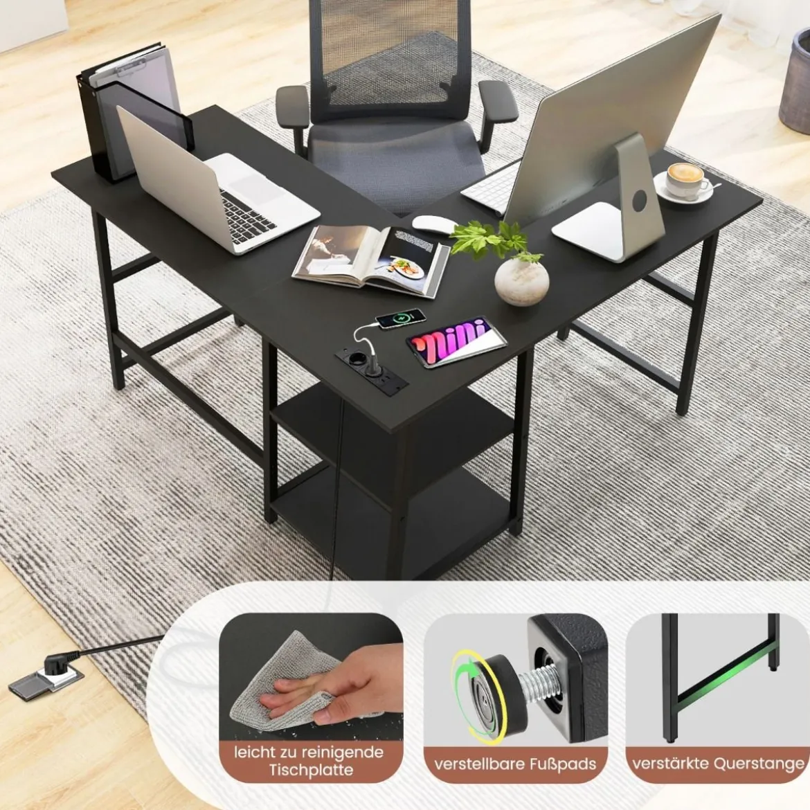 Schreibtisch L-Form Eckschreibtisch mit Steckdosen & USB-Anschlüssen 120 x 120 x 75 cm Schwarz/Rustikales Braun