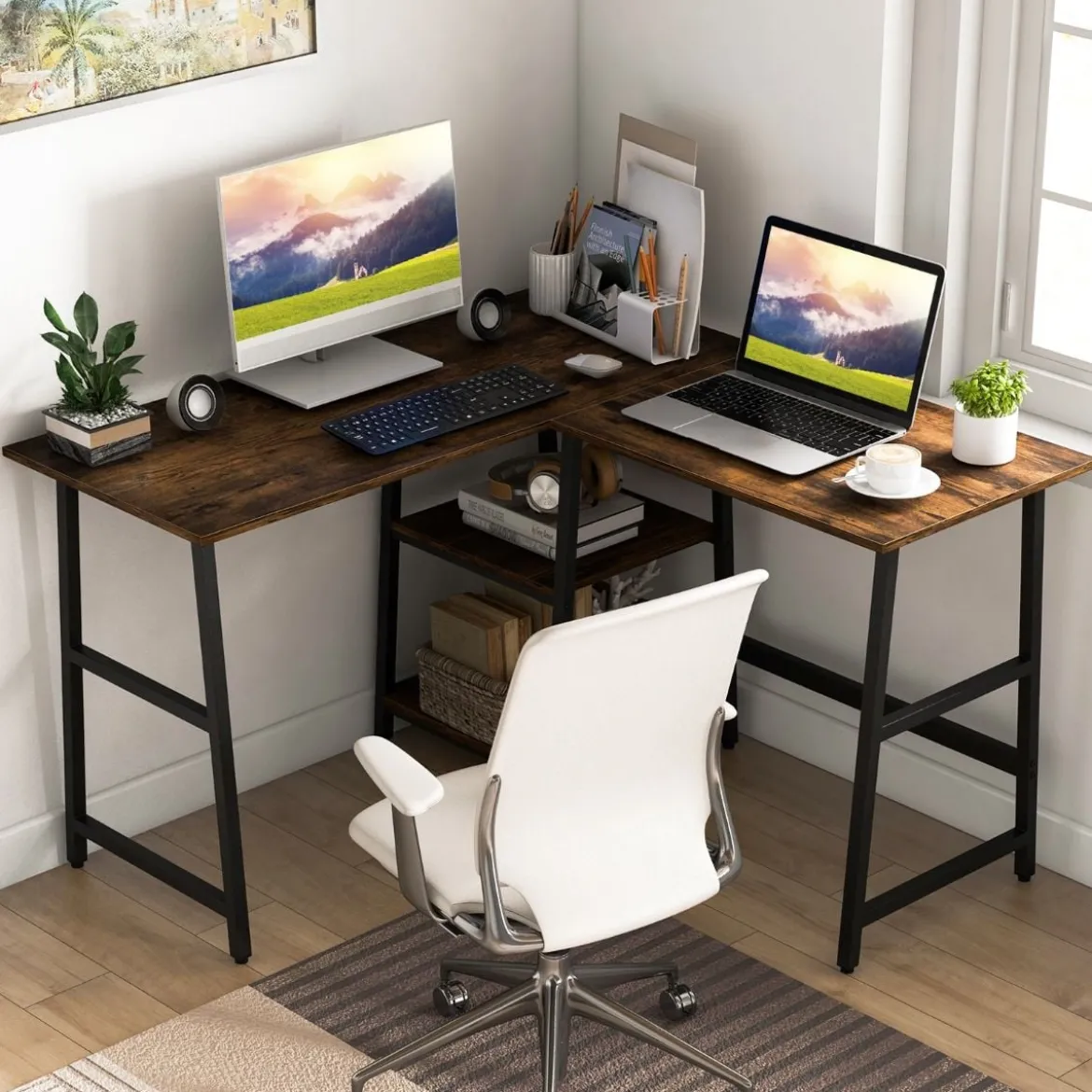 Schreibtisch L-Form Eckschreibtisch mit Steckdosen & USB-Anschlüssen 120 x 120 x 75 cm Schwarz/Rustikales Braun