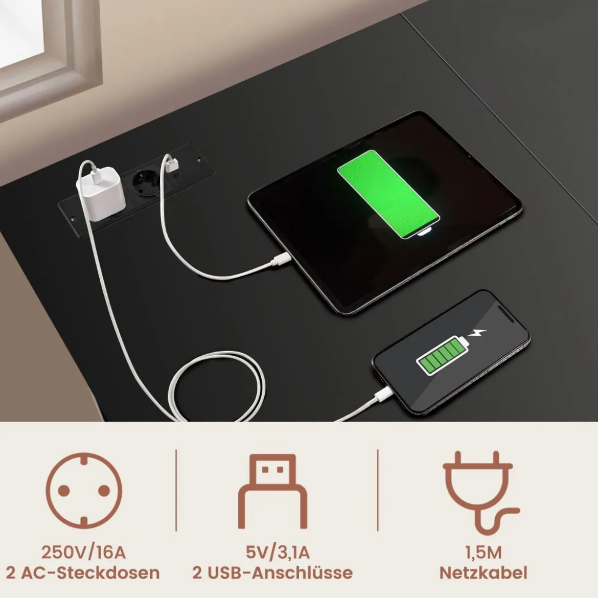 Schreibtisch L-Form Eckschreibtisch mit Steckdosen & USB-Anschlüssen 120 x 120 x 75 cm Schwarz/Rustikales Braun