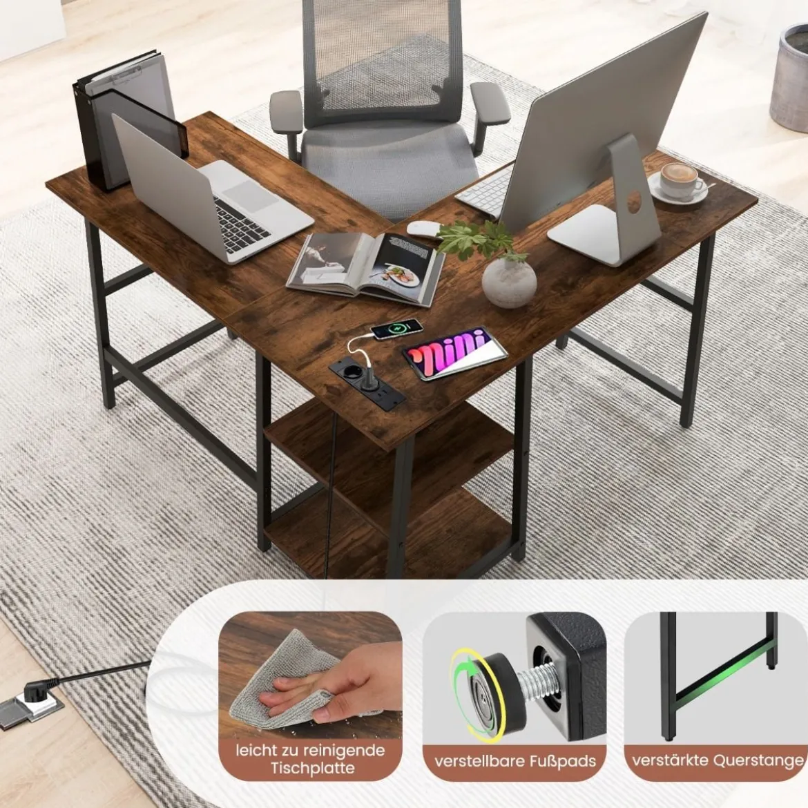 Schreibtisch L-Form Eckschreibtisch mit Steckdosen & USB-Anschlüssen 120 x 120 x 75 cm Schwarz/Rustikales Braun
