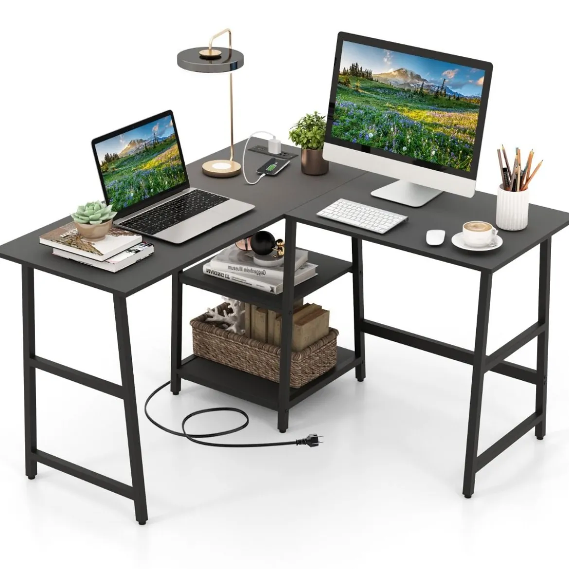 Schreibtisch L-Form Eckschreibtisch mit Steckdosen & USB-Anschlüssen 120 x 120 x 75 cm Schwarz/Rustikales Braun