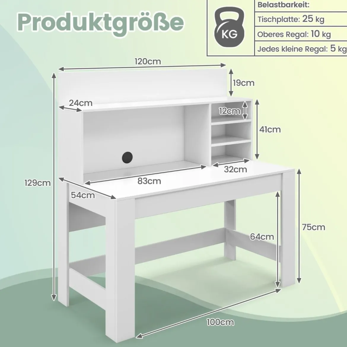 Schreibtisch mit Bücherregal & Kabelführungslöchern 120 x 54 x 129 cm Weiß