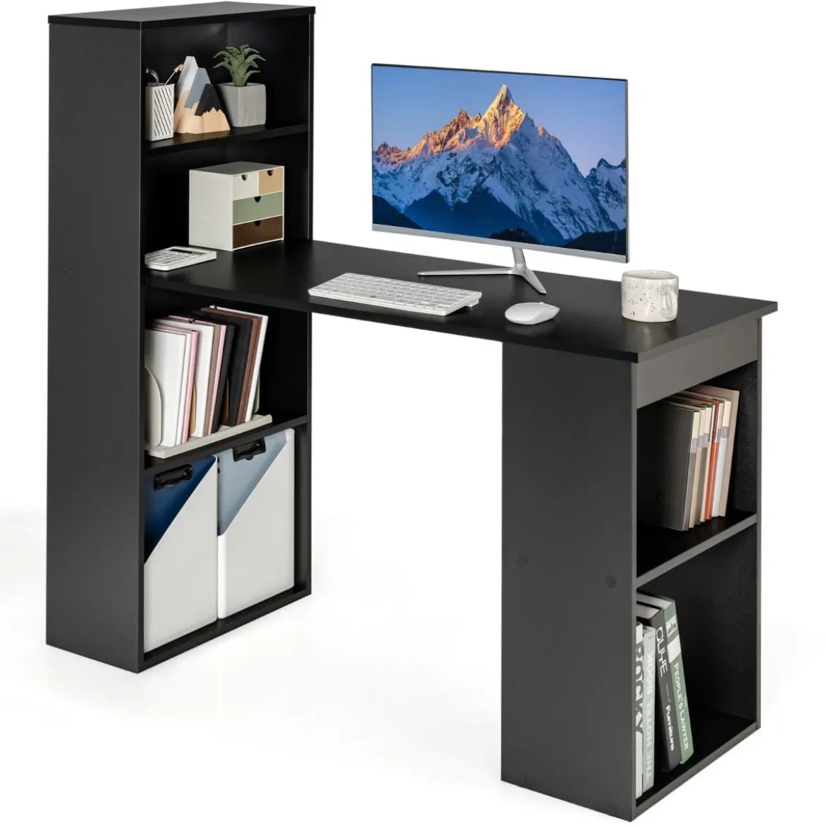 Schreibtisch mit Bücherregal Computertisch mit 6 Regalen PC-Tisch mit Regal Bürotisch Schwarz