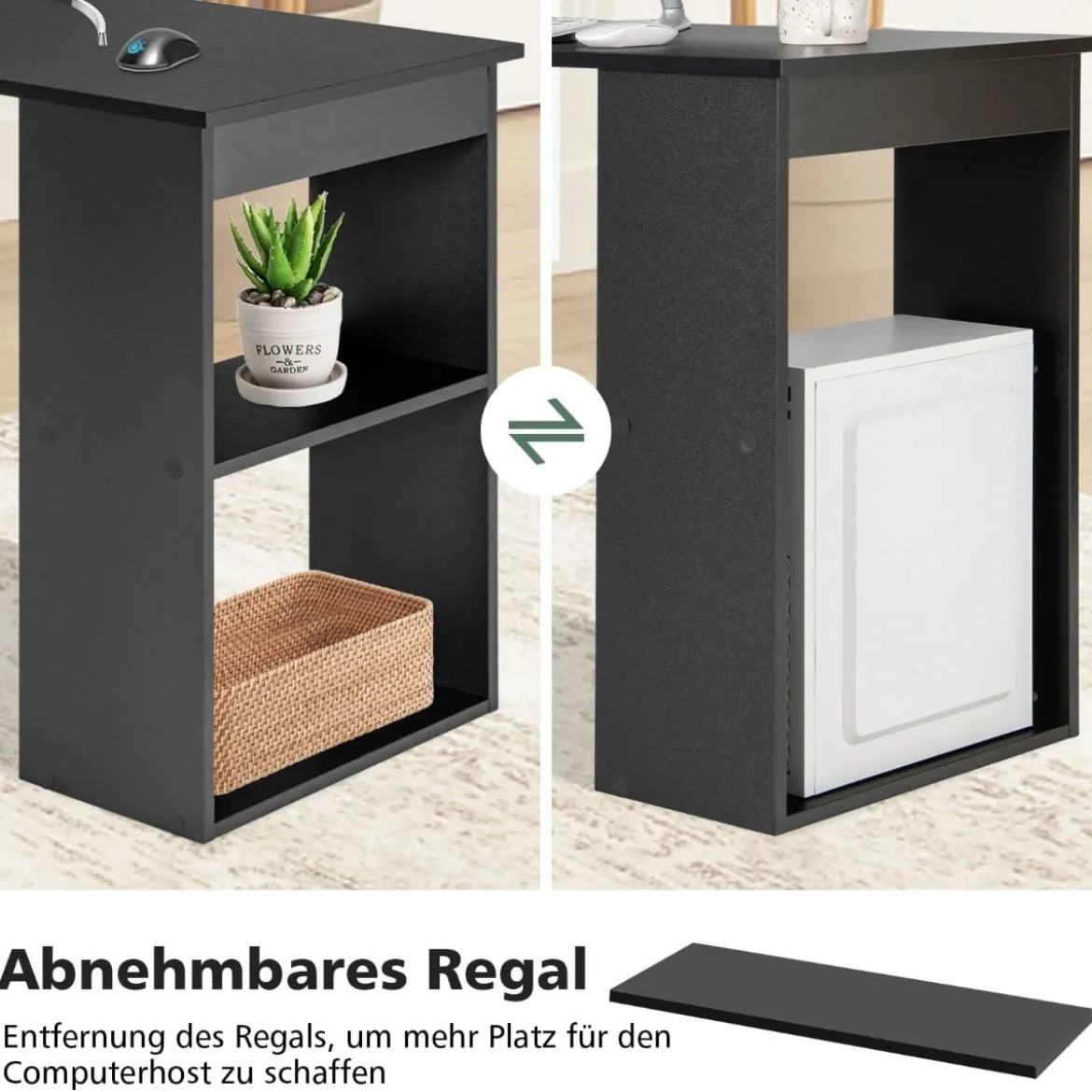 Schreibtisch mit Bücherregal Computertisch mit 6 Regalen PC-Tisch mit Regal Bürotisch Schwarz