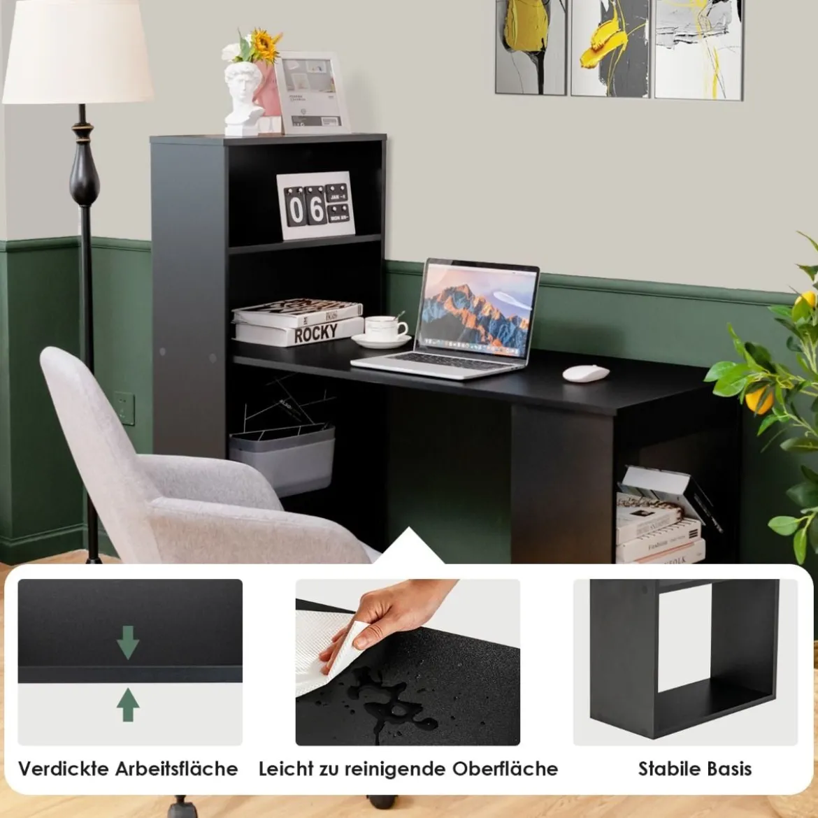 Schreibtisch mit Bücherregal Computertisch mit 6 Regalen PC-Tisch mit Regal Bürotisch Schwarz