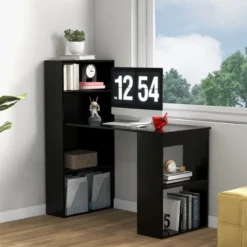 Schreibtisch mit Bücherregal Computertisch mit 6 Regalen PC-Tisch mit Regal Bürotisch Schwarz