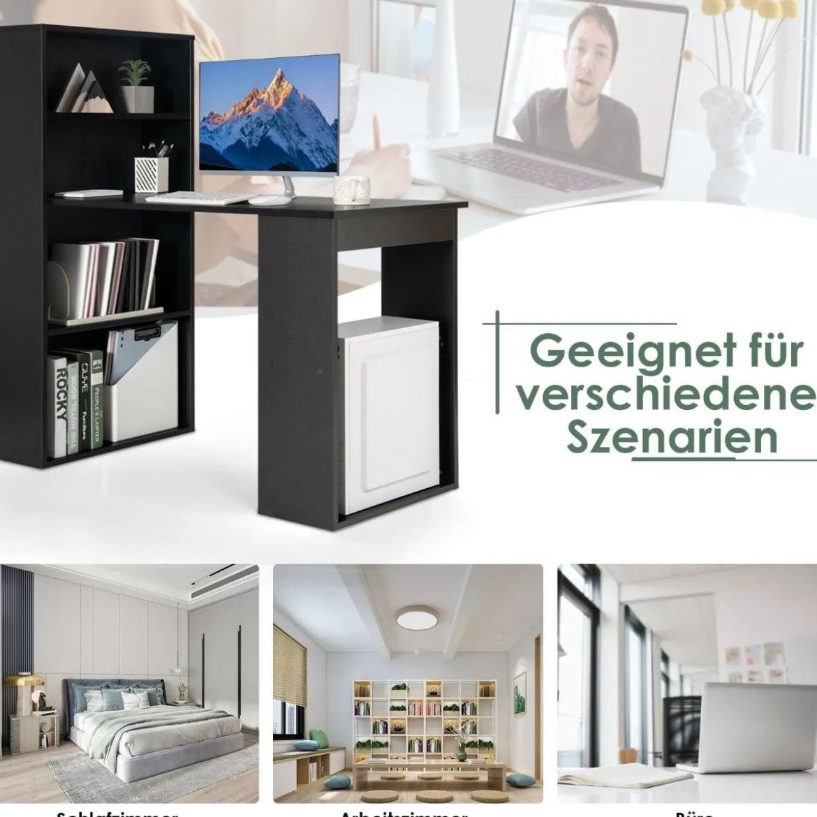 Schreibtisch mit Bücherregal Computertisch mit 6 Regalen PC-Tisch mit Regal Bürotisch Schwarz