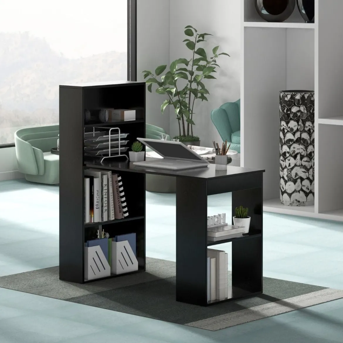 Schreibtisch mit Bücherregal Computertisch mit 6 Regalen PC-Tisch mit Regal Bürotisch Schwarz