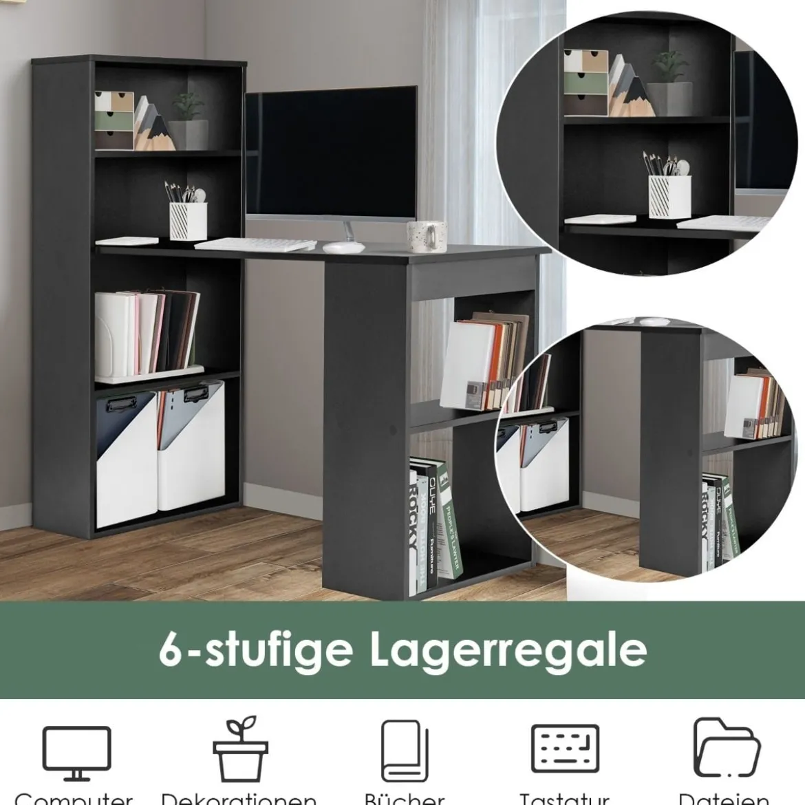 Schreibtisch mit Bücherregal Computertisch mit 6 Regalen PC-Tisch mit Regal Bürotisch Schwarz