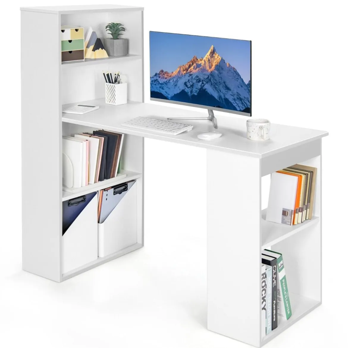 Schreibtisch mit Bücherregal Computertisch mit 6 Regalen PC-Tisch mit Regal Bürotisch Weiß