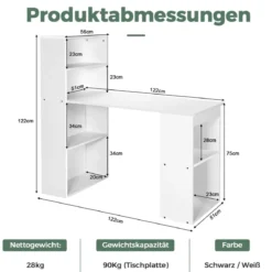 Schreibtisch mit Bücherregal Computertisch mit 6 Regalen PC-Tisch mit Regal Bürotisch Weiß