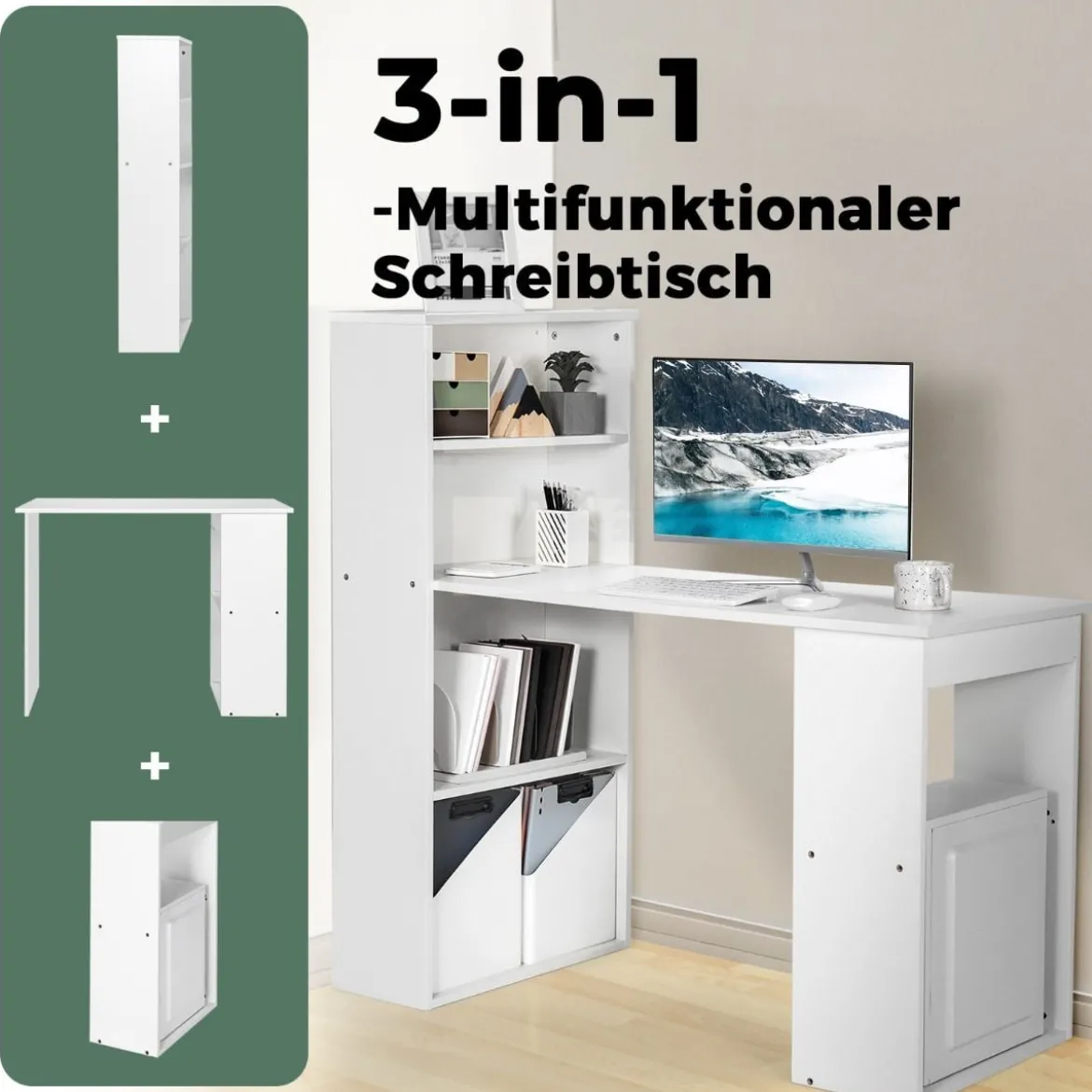 Schreibtisch mit Bücherregal Computertisch mit 6 Regalen PC-Tisch mit Regal Bürotisch Weiß