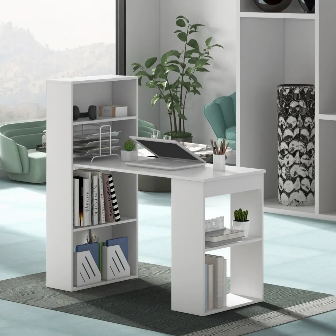 Schreibtisch mit Bücherregal Computertisch mit 6 Regalen PC-Tisch mit Regal Bürotisch Weiß
