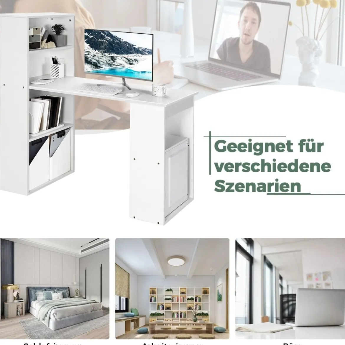 Schreibtisch mit Bücherregal Computertisch mit 6 Regalen PC-Tisch mit Regal Bürotisch Weiß