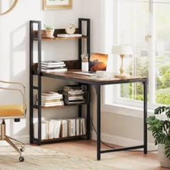 Schreibtisch mit Ladestation 120 x 65 cm Computertisch mit offenem Bücherregal Braun/Natur