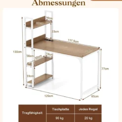 Schreibtisch mit Ladestation 120 x 65 cm Computertisch mit offenem Bücherregal Braun/Natur