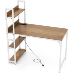 Schreibtisch mit Ladestation 120 x 65 cm Computertisch mit offenem Bücherregal Braun/Natur