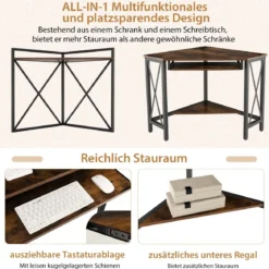 Schreibtisch mit Ladestation Eck Computertisch mit Tastaturablage & 2 Ablagen 113 x 75 x 145 cm Rustikales Braun + Schwarz