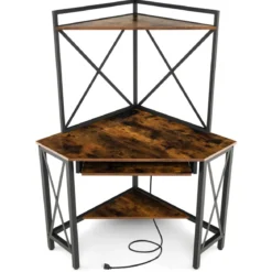 Schreibtisch mit Ladestation Eck Computertisch mit Tastaturablage & 2 Ablagen 113 x 75 x 145 cm Rustikales Braun + Schwarz