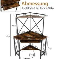 Schreibtisch mit Ladestation Eck Computertisch mit Tastaturablage & 2 Ablagen 113 x 75 x 145 cm Rustikales Braun + Schwarz