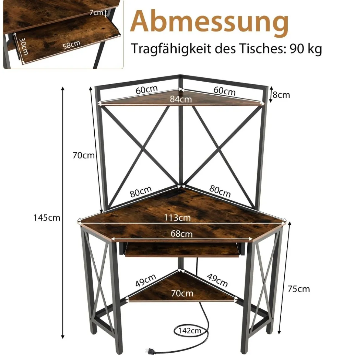 Schreibtisch mit Ladestation Eck Computertisch mit Tastaturablage & 2 Ablagen 113 x 75 x 145 cm Rustikales Braun + Schwarz