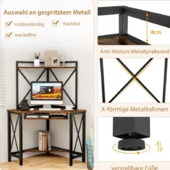Schreibtisch mit Ladestation Eck Computertisch mit Tastaturablage & 2 Ablagen 113 x 75 x 145 cm Rustikales Braun + Schwarz