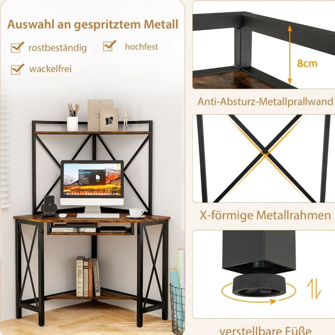 Schreibtisch mit Ladestation Eck Computertisch mit Tastaturablage & 2 Ablagen 113 x 75 x 145 cm Rustikales Braun + Schwarz