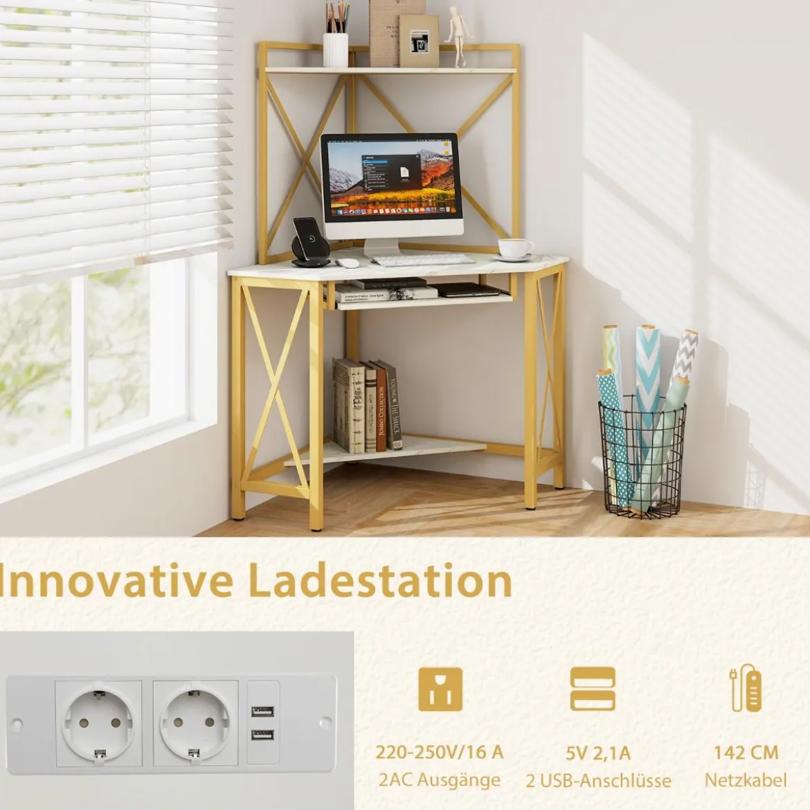 Schreibtisch mit Ladestation Eck Computertisch mit Tastaturablage & 2 Ablagen 113 x 75 x 145 cm Weiß + Gold