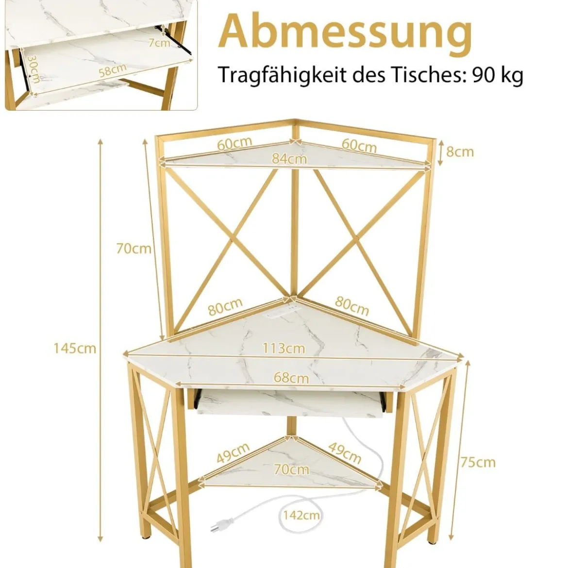 Schreibtisch mit Ladestation Eck Computertisch mit Tastaturablage & 2 Ablagen 113 x 75 x 145 cm Weiß + Gold