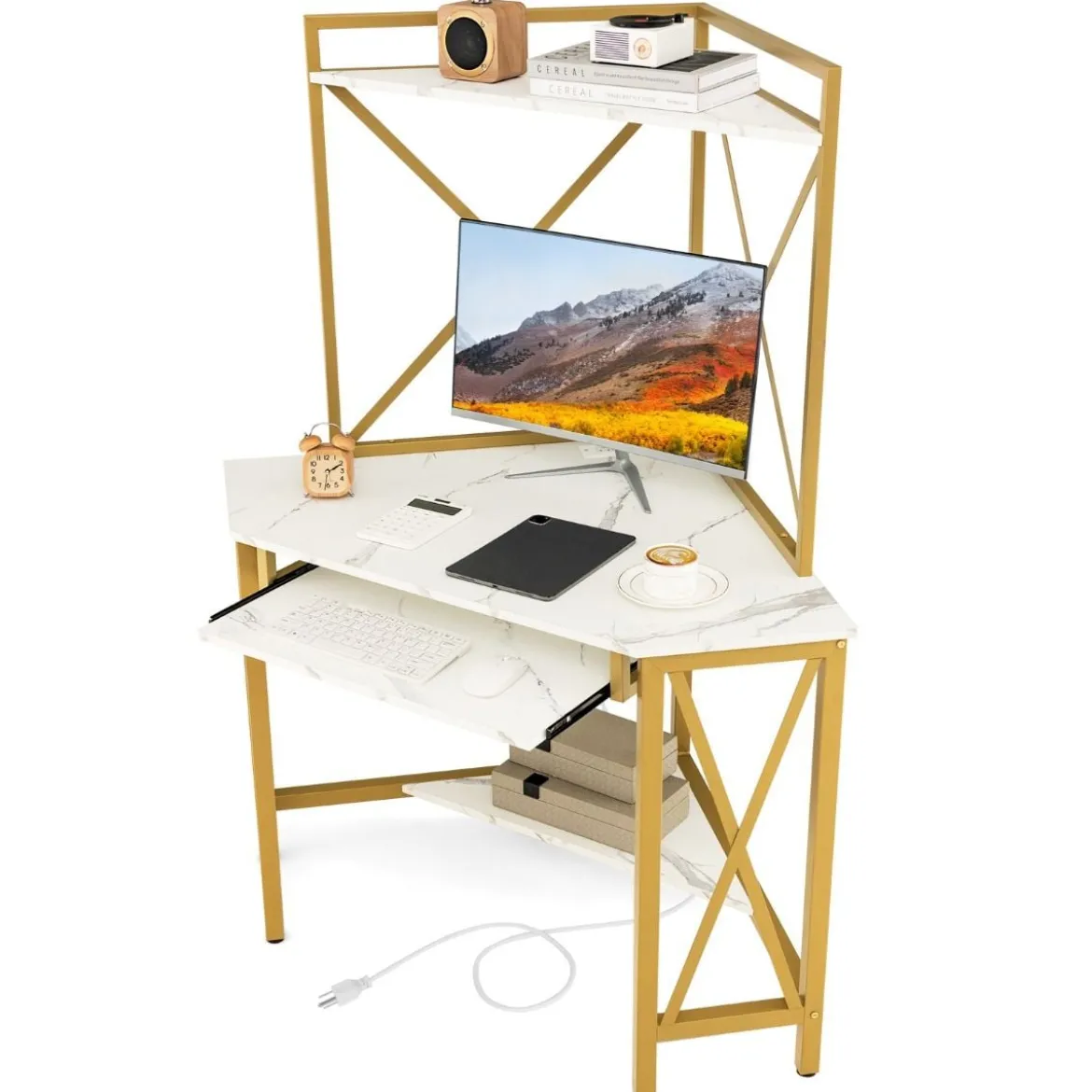 Schreibtisch mit Ladestation Eck Computertisch mit Tastaturablage & 2 Ablagen 113 x 75 x 145 cm Weiß + Gold