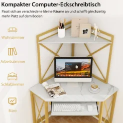 Schreibtisch mit Ladestation Eck Computertisch mit Tastaturablage & 2 Ablagen 113 x 75 x 145 cm Weiß + Gold
