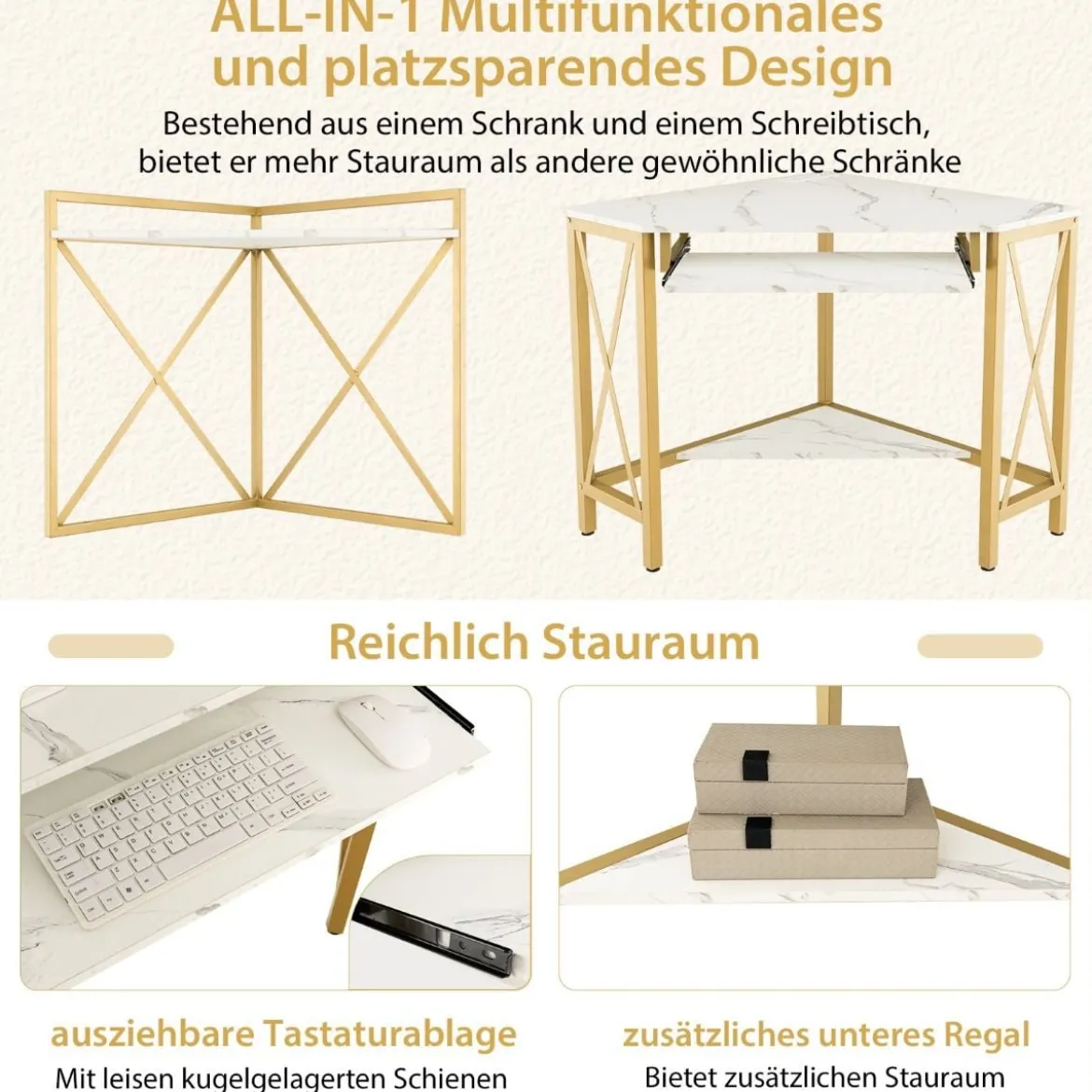 Schreibtisch mit Ladestation Eck Computertisch mit Tastaturablage & 2 Ablagen 113 x 75 x 145 cm Weiß + Gold