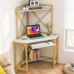 Schreibtisch mit Ladestation Eck Computertisch mit Tastaturablage & 2 Ablagen 113 x 75 x 145 cm Weiß + Gold