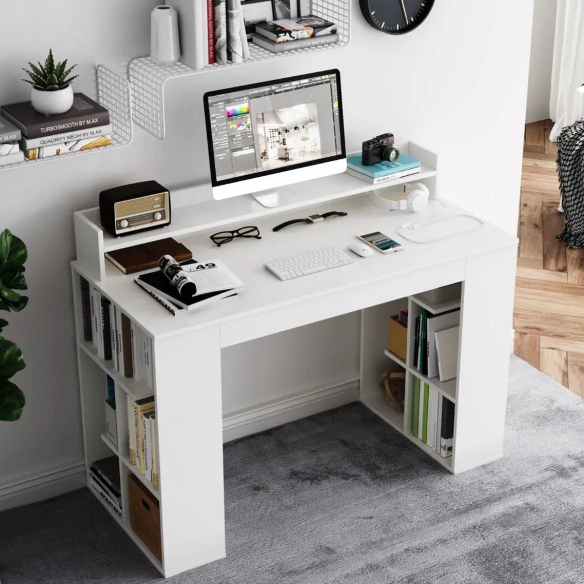 Schreibtisch mit Monitorablage & 2 Bücherregalen Computertisch 120 x 54 x 90 cm Weiß