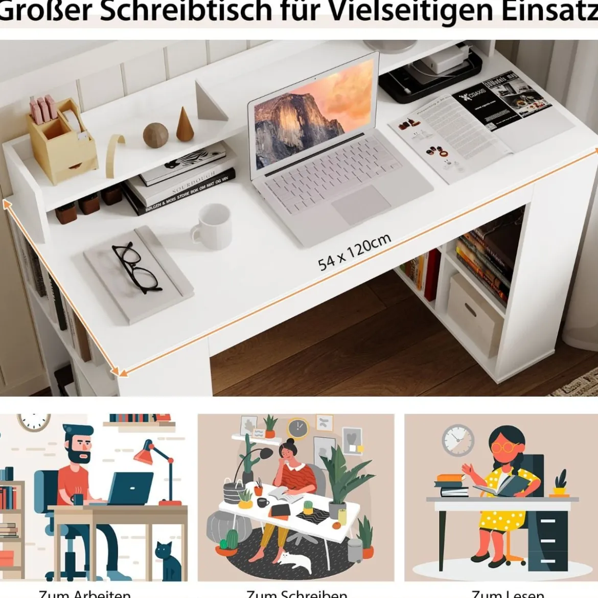 Schreibtisch mit Monitorablage & 2 Bücherregalen Computertisch 120 x 54 x 90 cm Weiß