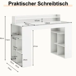 Schreibtisch mit Monitorablage & 2 Bücherregalen Computertisch 120 x 54 x 90 cm Weiß