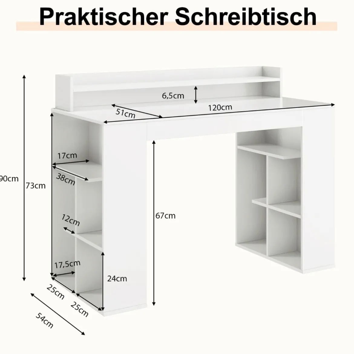 Schreibtisch mit Monitorablage & 2 Bücherregalen Computertisch 120 x 54 x 90 cm Weiß
