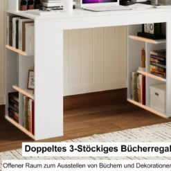 Schreibtisch mit Monitorablage & 2 Bücherregalen Computertisch 120 x 54 x 90 cm Weiß
