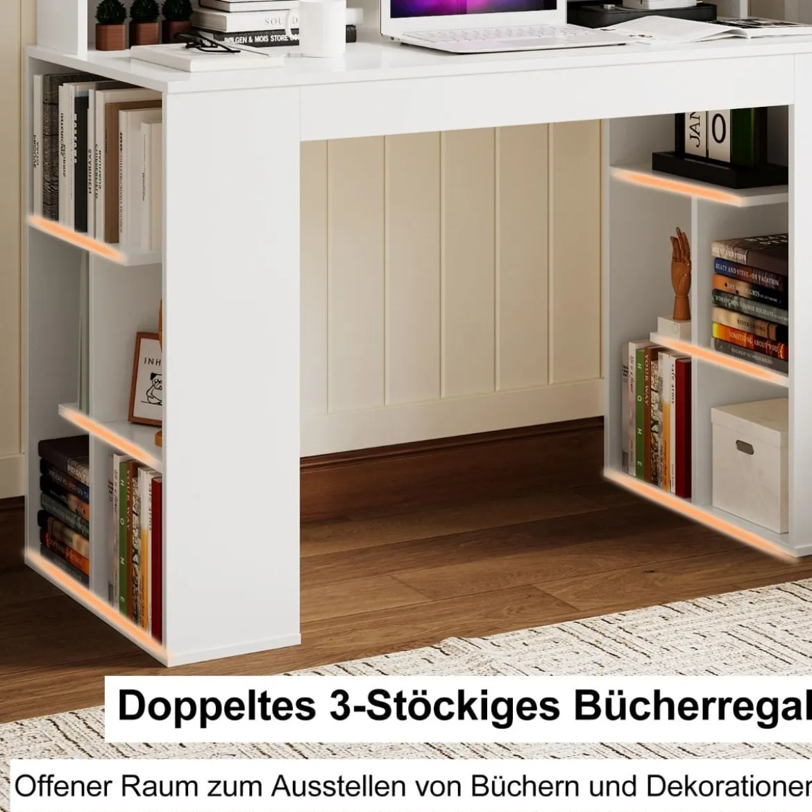 Schreibtisch mit Monitorablage & 2 Bücherregalen Computertisch 120 x 54 x 90 cm Weiß