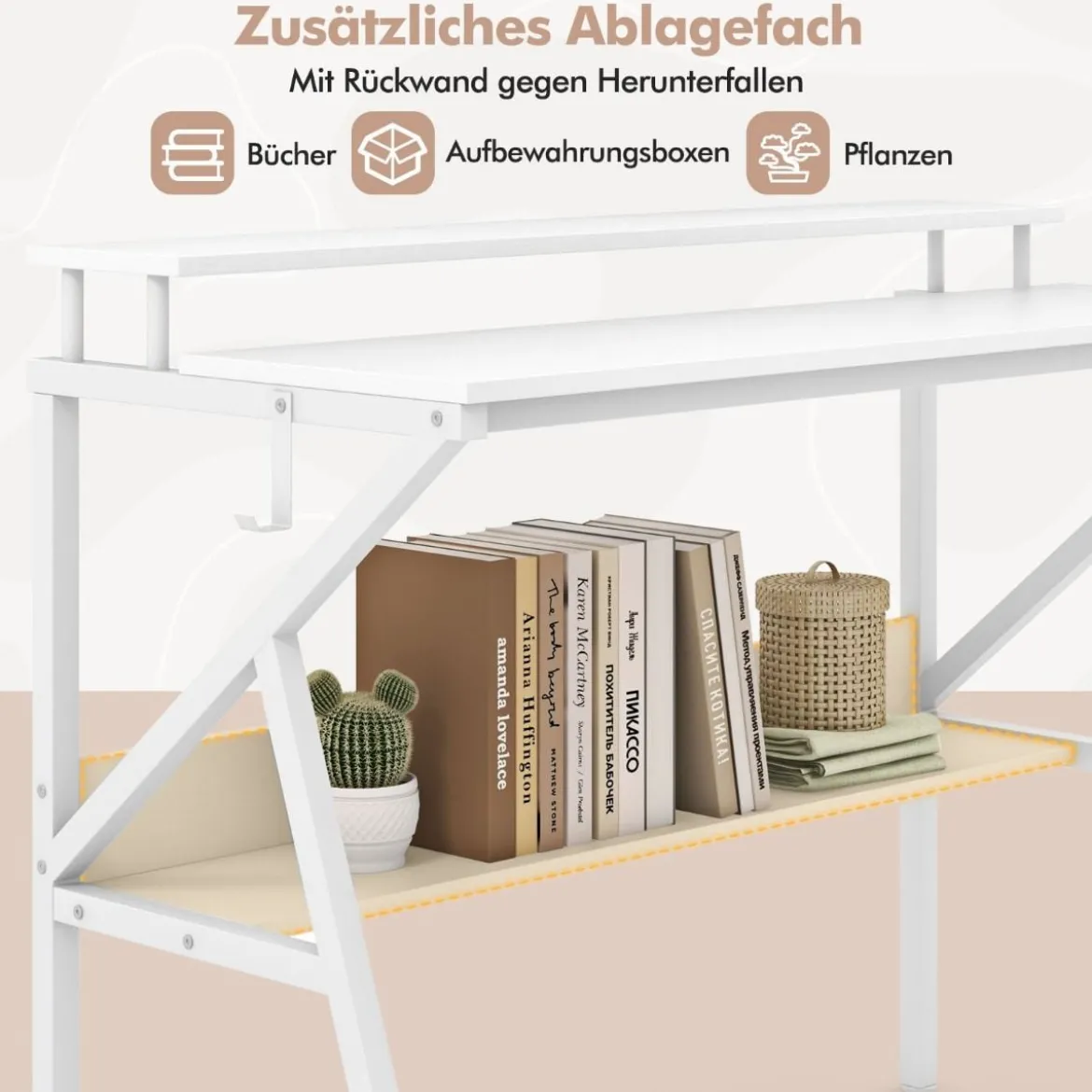 Schreibtisch mit Monitorständer 100 x 50 cm Kleiner Computertisch PC-Tisch mit Regal Weiß