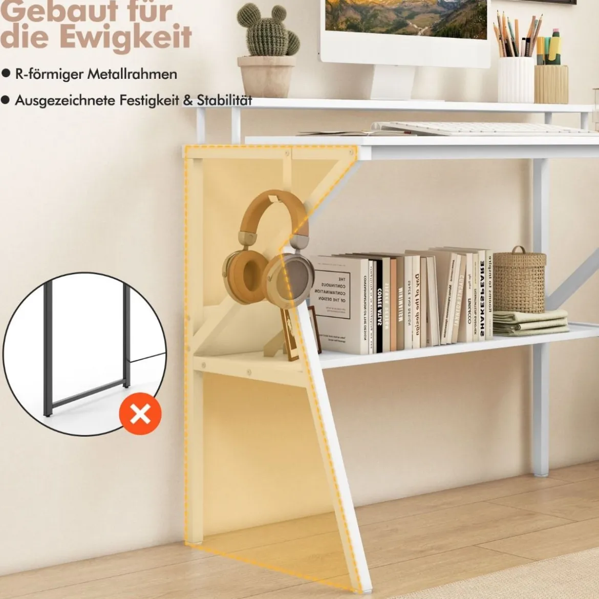 Schreibtisch mit Monitorständer 100 x 50 cm Kleiner Computertisch PC-Tisch mit Regal Weiß