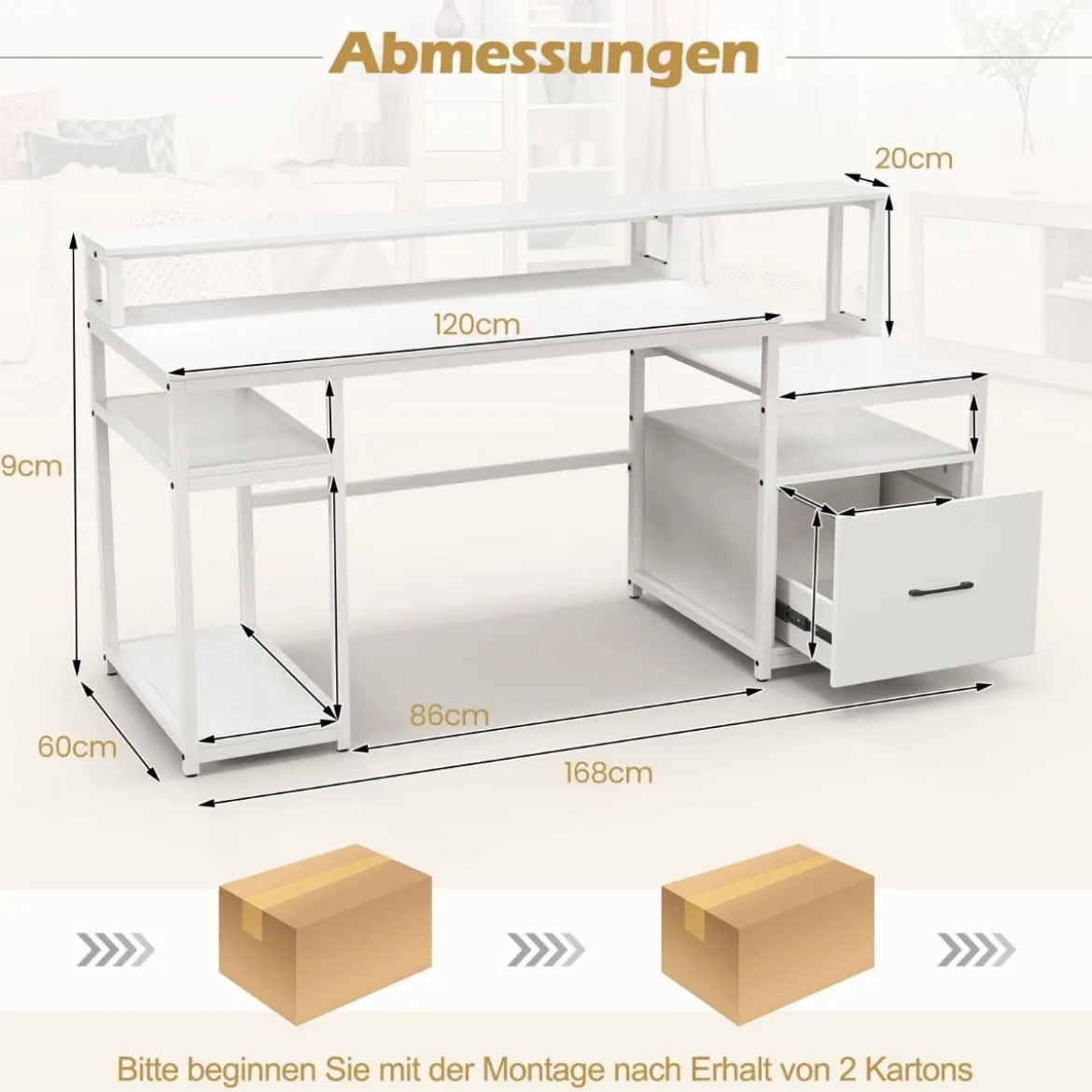 Schreibtisch mit Monitorständer Druckerständer CPU-Ständer & Aktenschrank 168 x 69 x 89 cm Weiß